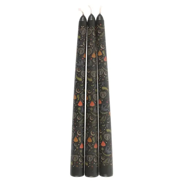 Set of 3 Black Folk Floral Print Taper Candles