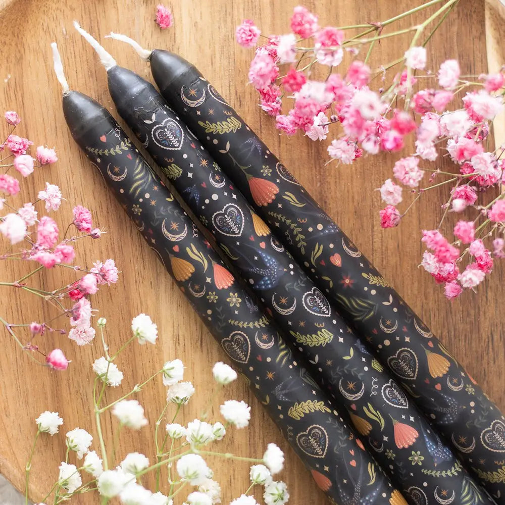 Set of 3 Black Folk Floral Print Taper Candles