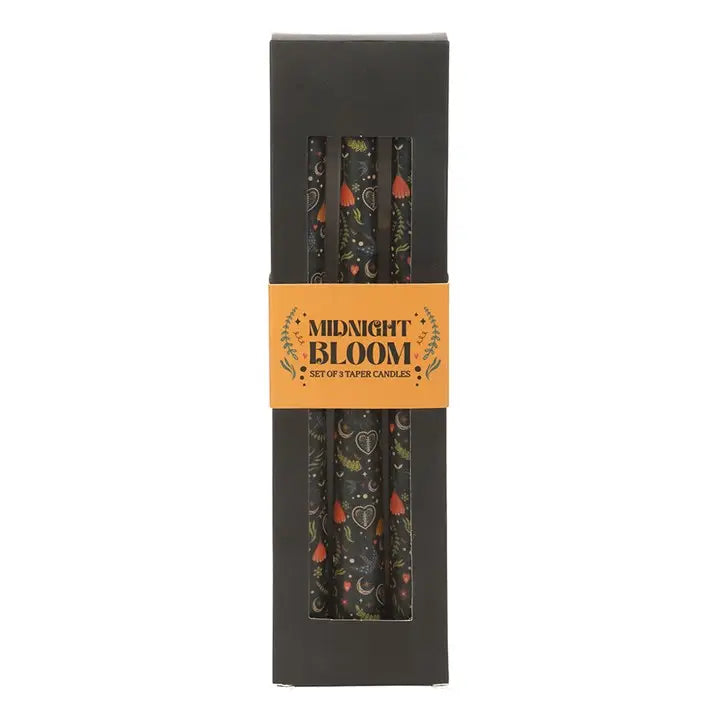 Set of 3 Black Folk Floral Print Taper Candles
