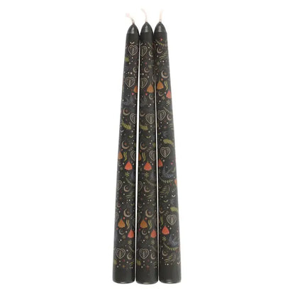 Set of 3 Black Folk Floral Print Taper Candles